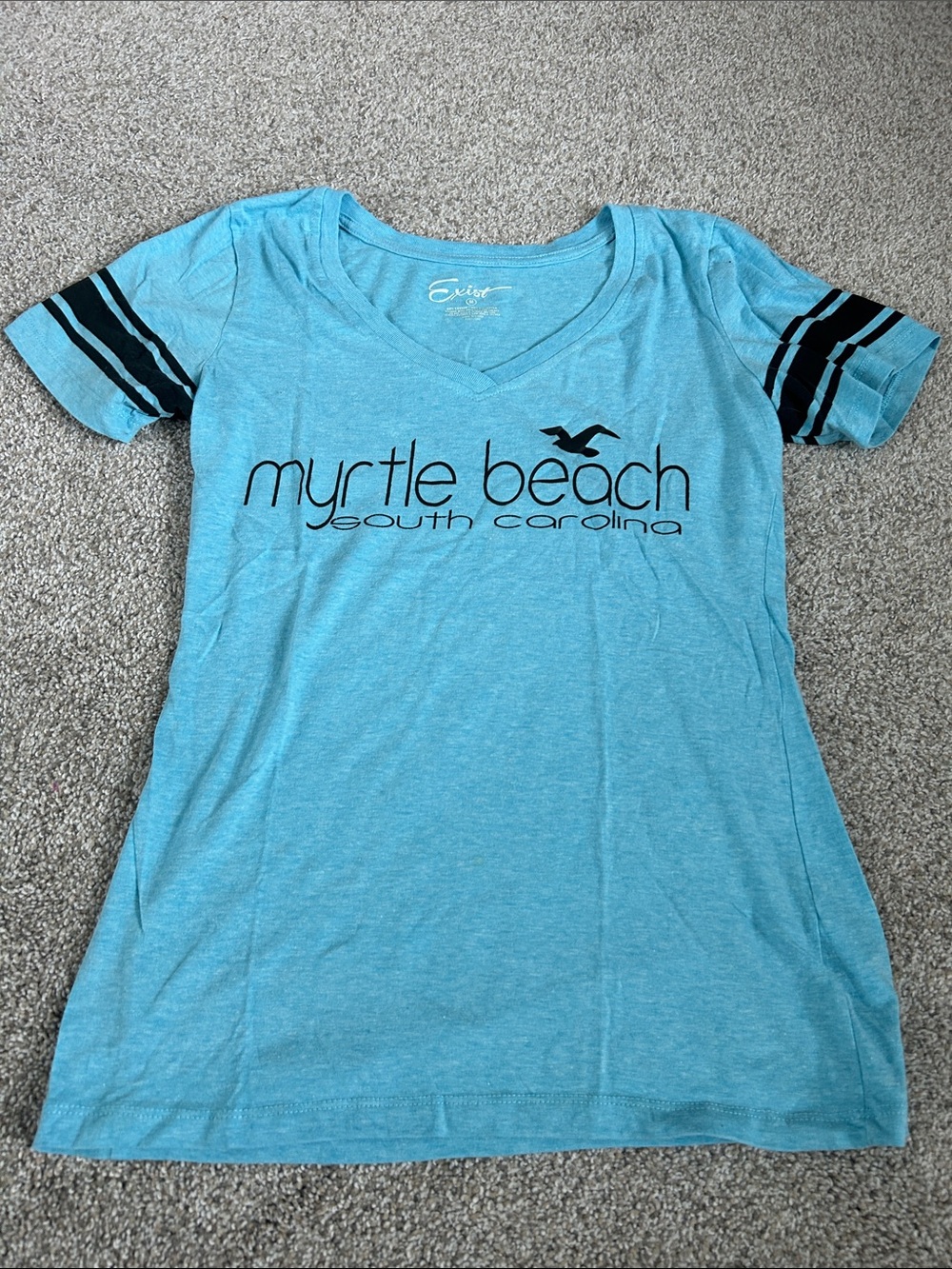 Myrtle Beach V-Neck Graphic Tee with Navy Sleeve Stripes